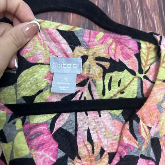 Chico’s Size 1 Colorful 100% Linen Tropical Leaf Print Pullover Knit Top Medium - Picture 5 of 7